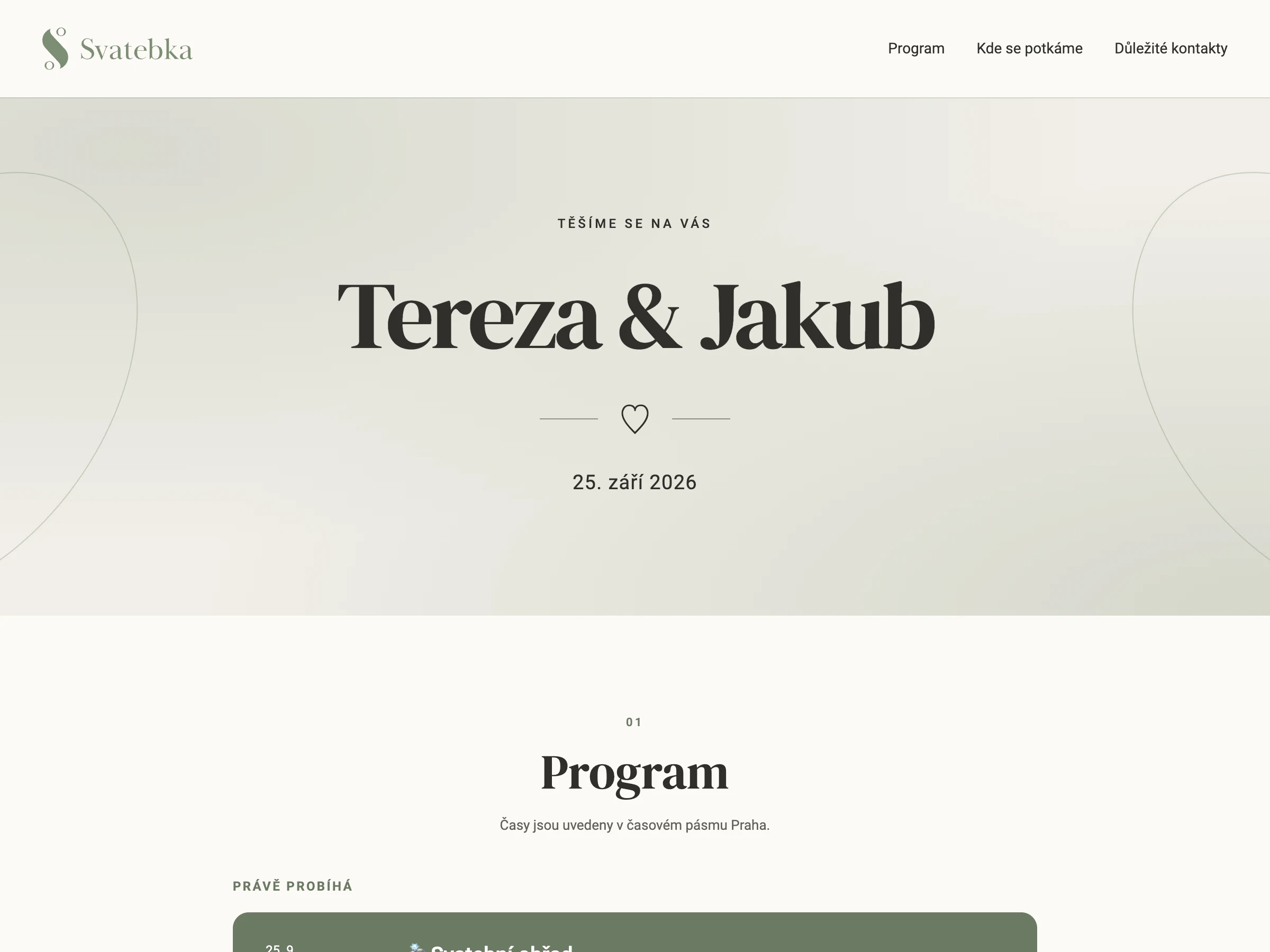 Ukázka svatebního webu Terezy a Jakuba s datem svatby, programem a odkazy na mapu a kontakty